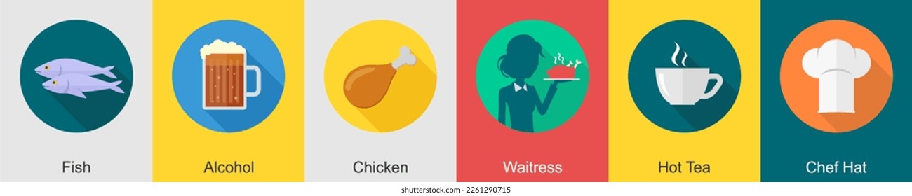 A set of 6 Food icons as fish, alcohol, chicken