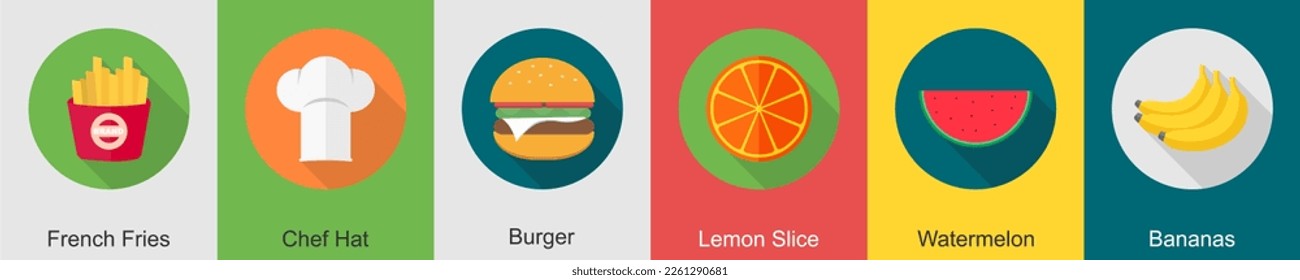 A set of 6 Food icons as french fries, chef hat, burger