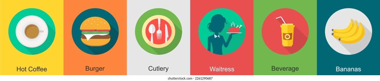 A set of 6 Food icons as hot coffee, burger, cutlery