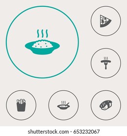 Set Of 6 Food Icons Set.Collection Of Japanese Roll, Potato, Pepperoni And Other Elements.