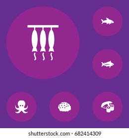 Set Of 6 Food Icons Set.Collection Of Devilfish, Tunny, Smoked And Other Elements.