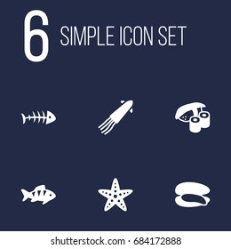 Set Of 6 Food Icons Set.Collection Of Remains, Shell, Calamary And Other Elements.