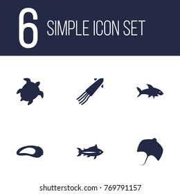 Set Of 6 Food Icons Set.Collection Of Calamari, Clam, Tunny And Other Elements.