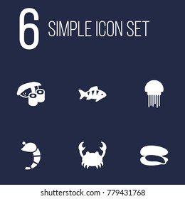 Set Of 6 Food Icons Set.Collection Of Fish, Shell, Crustaceans And Other Elements.