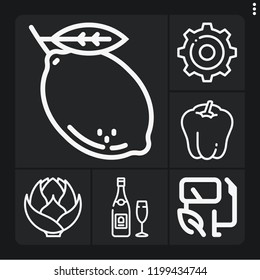 Set of 6 food outline icons such as champagne, biofuel, settings, artichoke, bell pepper