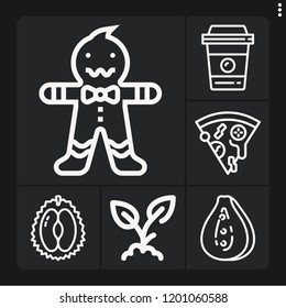 Set of 6 food outline icons such as sprout, gingerbread man, pizza, mango, coffee cup