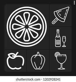 Set of 6 food outline icons such as margarita, champagne, eco food, grapefruit, bell pepper