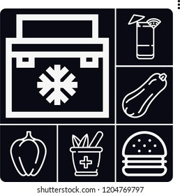 Set of 6 food outline icons such as tequila sunrise, bell pepper, butternut squash, fridge, herbal