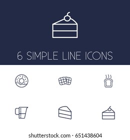 Set Of 6 Food Outline Icons Set.Collection Of Cheesecake, Toast, Waffle And Other Elements.
