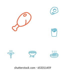 Set Of 6 Food Outline Icons Set.Collection Of Bbq, Sausage, Chicken Leg And Other Elements.