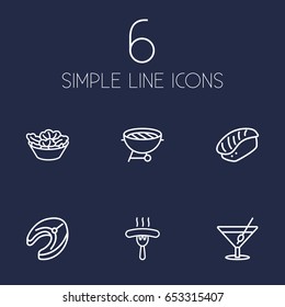 Set Of 6 Food Outline Icons Set.Collection Of Bbq, Salad, Japanese Roll And Other Elements.