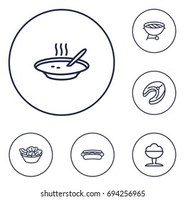 Set Of 6 Food Outline Icons Set.Collection Of Raw Fish, Salad, Hotdog And Other Elements.