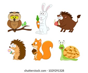 Set of 6 forest  animals in a cartoon style. Animals vector illustration isolated on white background. Owl, boar, rabbit, squirrel, hedgehog, snail. Forest animals collection. Woodland animals.