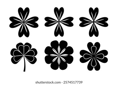 set of 6 Four-leaf clover silhouette vector cartoon illustration