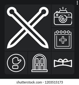 Set of 6 frame outline icons such as camera, door, button, scroll, date