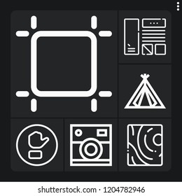 Set of 6 frame outline icons such as wood, button, artboard, tent, camera