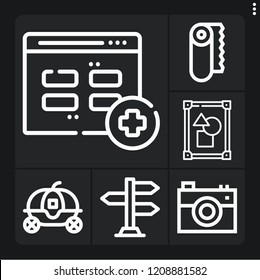 Set of 6 frame outline icons such as frame, road sign, camera, cinderella carriage, paper