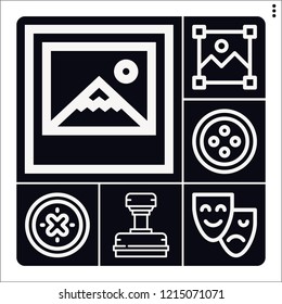 Set of 6 frame outline icons such as shield, stamp, image, theater, picture