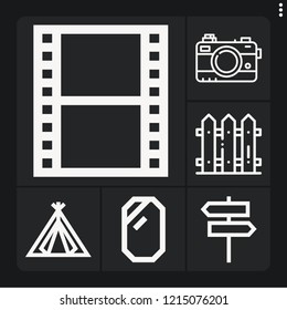 Set of 6 frame outline icons such as fence, camera, tent, film, mirror