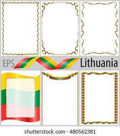 Set of 6 frames and borders with coloring Lithuania flag