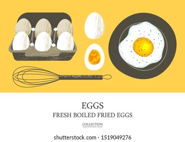 Set Of 6 Fresh Eggs In A Cardboard Box. Half A Boiled Egg. Fried Egg On A Plate. Healthy And Tasty Food. Vector Illustration On Yellow Background. Flat Style.