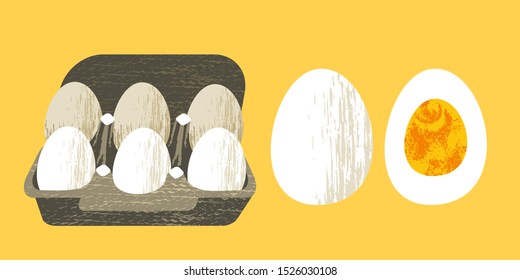 Set of 6 fresh eggs in a cardboard box. Half a boiled egg. Healthy and tasty food. Vector illustration on yellow background. Flat style.