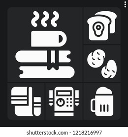 Set of 6 fresh filled icons such as beer, potatoes, towel, toast, coffee and books