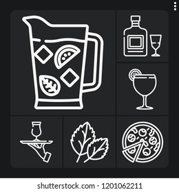 Set of 6 fresh outline icons such as margarita, cocktail, absinthe, pizza