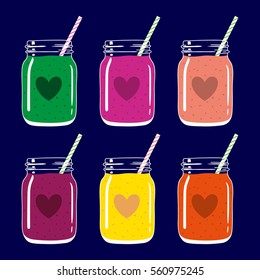 Set of 6 fruit and berry smoothies in mason jars with striped straws and heart shapes. Romantic smoothie collection. Valentine's day fresh natural drink, isolated.Vector hand drawn illustration eps10.