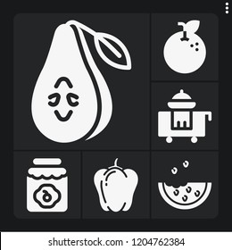 Set of 6 fruit filled icons such as watermelon, pear, bell pepper, orange, jam