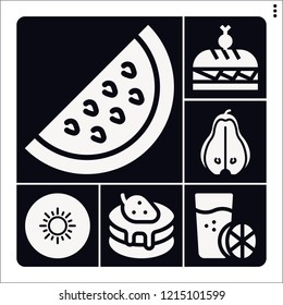 Set of 6 fruit filled icons such as pear, kiwi, watermelon, snack, pancake