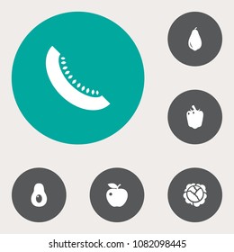 Set of 6 fruit icons set. Collection of sweet pepper, melon, apple and other elements.