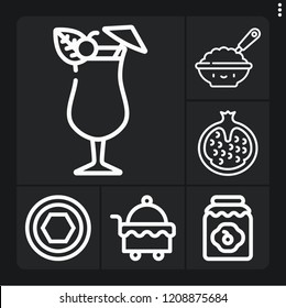 Set of 6 fruit outline icons such as mai thai, pomegranate, nut, jam, baby food