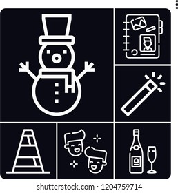 Set of 6 fun outline icons such as champagne, snowman, wand, laugh, cone