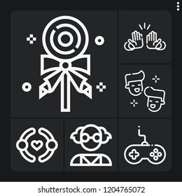 Set of 6 fun outline icons such as gamepad, lollipop, mad scientist, laugh, high five