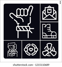 Set of 6 fun outline icons such as fan, letter, shaka, friendship, ice skate