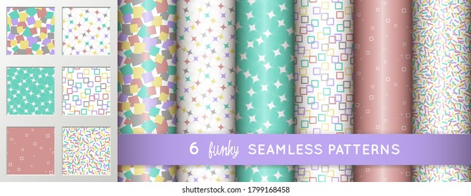 Set of 6 funky decorative seamless pattern designs. Squares , stars and springles in colorful combinations