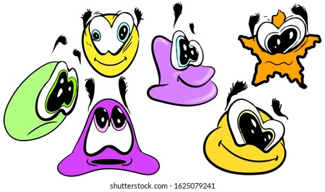 Set of 6 funny emoticons in cartoon style
