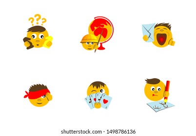 Set of 6 funny smiles depicting different hobbies and games. Chess, traveling, letters, hide-and-seek, playing cards and drawing