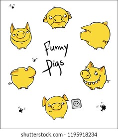 Set of 6 funny yellow vector pigs, symbol of 2019 new year, eps10