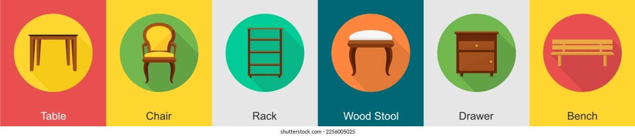 A set of 6 furniture icons as table, chair, rack
