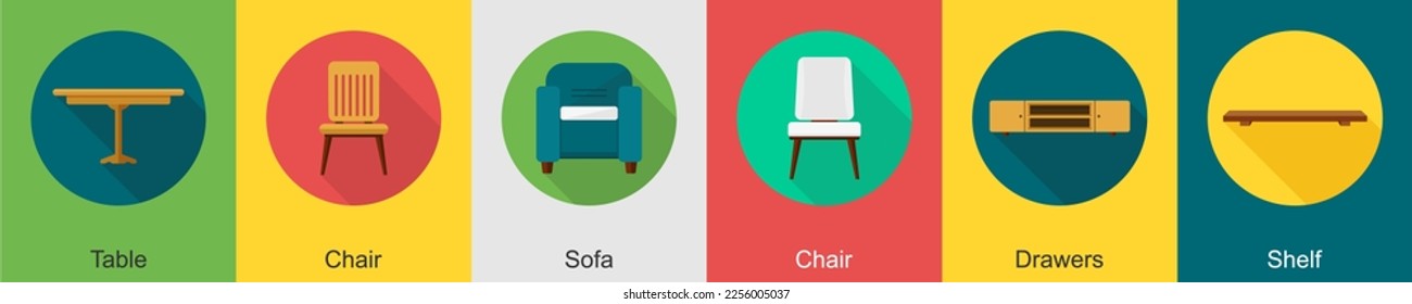 A set of 6 furniture icons as table, chair, sofa