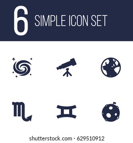 Set Of 6 Galaxy Icons Set.Collection Of Space, Lunar, Binoculars And Other Elements.