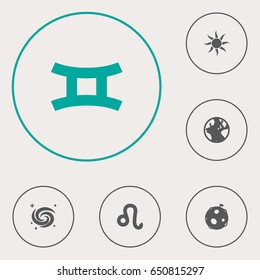 Set Of 6 Galaxy Icons Set.Collection Of Solar, Earth Planet, Lion And Other Elements.