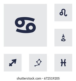 Set Of 6 Galaxy Icons Set.Collection Of Crab, Augur, Fishes And Other Elements.