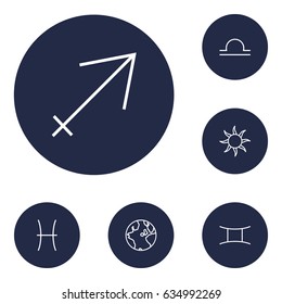 Set Of 6 Galaxy Outline Icons Set.Collection Of Sun, Pisces, Sagittarius And Other Elements.