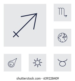Set Of 6 Galaxy Outline Icons Set.Collection Of Globe, Sun, Asteroid And Other Elements.
