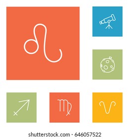 Set Of 6 Galaxy Outline Icons Set.Collection Of Sagittarius, Telescope, Aries And Other Elements.