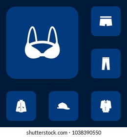 Set of 6 garment icons set. Collection of trousers, suit, bra and other elements.