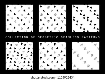 Set of 6 geometric hipster fashion design  triangle pattern. Black and White vector illustration..